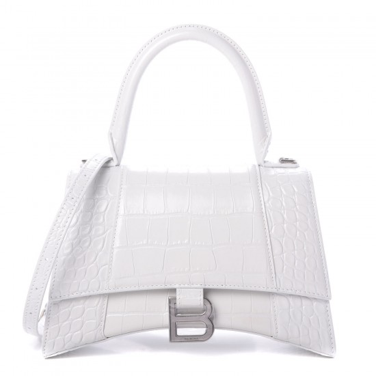 BALENCIAGA Calfskin Crocodile Embossed Small Hourglass Top Handle Bag White