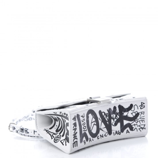 BALENCIAGA Calfskin Graffiti Hourglass Top Handle Bag XS White Black