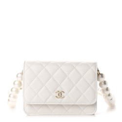 CHANEL Calfskin Quilted CC Pearl Mini Wallet On Chain Flap White
