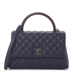 CHANEL Caviar Lizard Quilted Small Coco Handle Flap Navy
