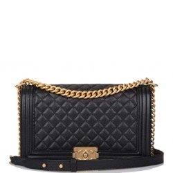 Chanel Black Quilted Caviar New Medium Boy Bag Antique Gold Hardware