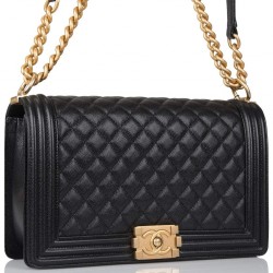 Chanel Black Quilted Caviar New Medium Boy Bag Antique Gold Hardware