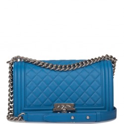 Chanel Blue Quilted Calfskin Medium Boy Bag Silver Hardware