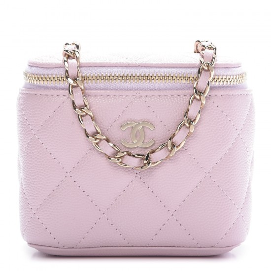 CHANEL Caviar Quilted Mini Vanity Case With Chain Light Pink