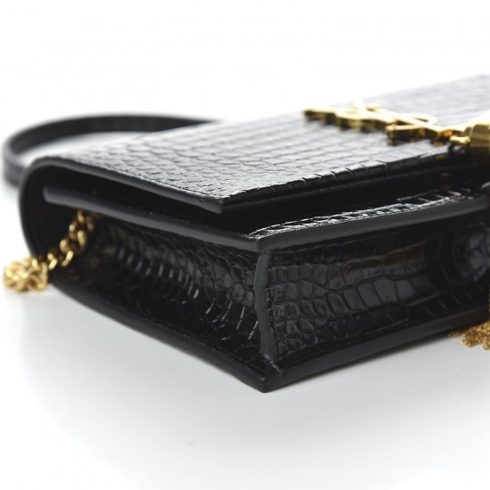YSL Calfskin Crocodile Embossed Kate Monogram Tassel Chain Wallet Black